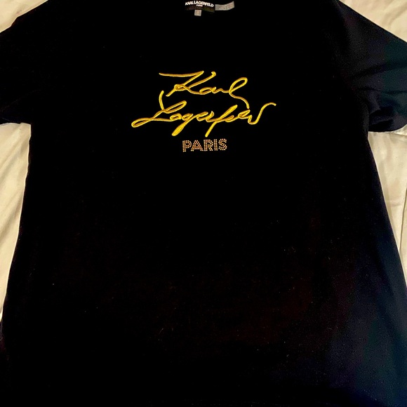 Karl Lagerfeld Paris Gold Embroidery on Black TShirt Women’s Unisex size XL - Picture 2 of 9